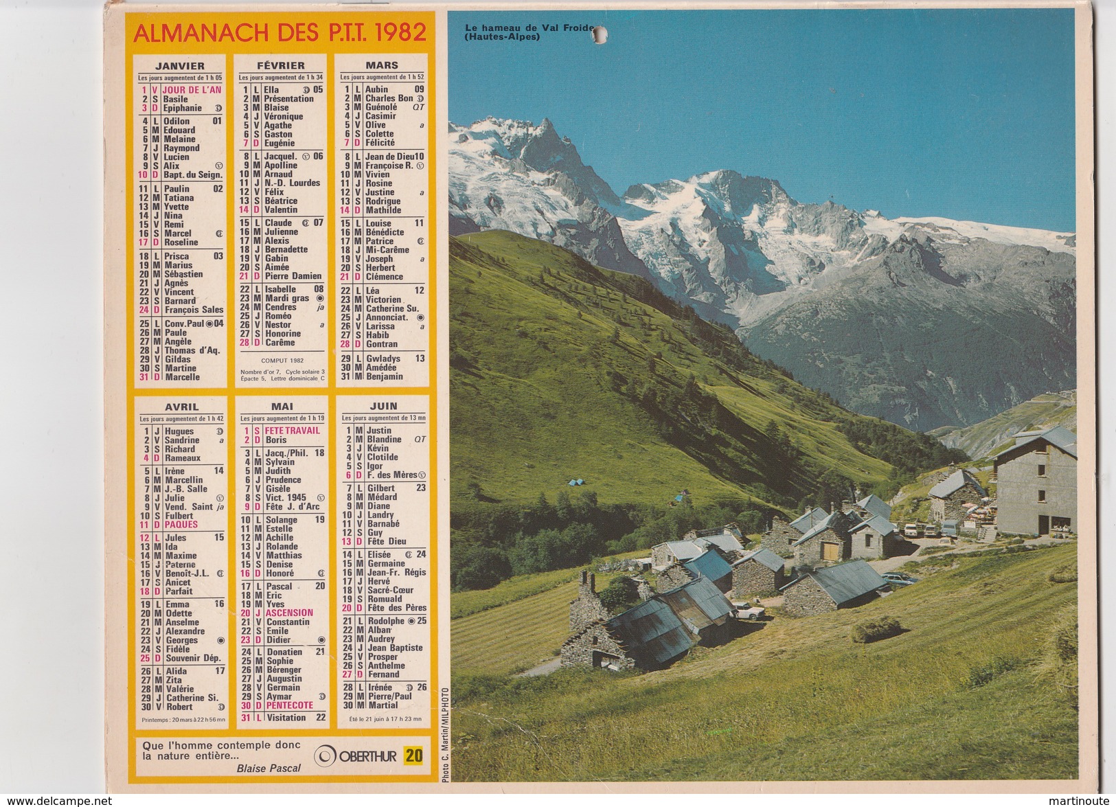 - CALENDRIER PTT Année 1982   - - Grand Format : 1981-90