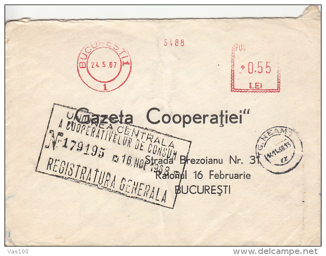 AMOUNT 0.55, BUCHAREST, RED MACHINE STAMPS ON COVER, 1967, ROMANIA - Briefe U. Dokumente