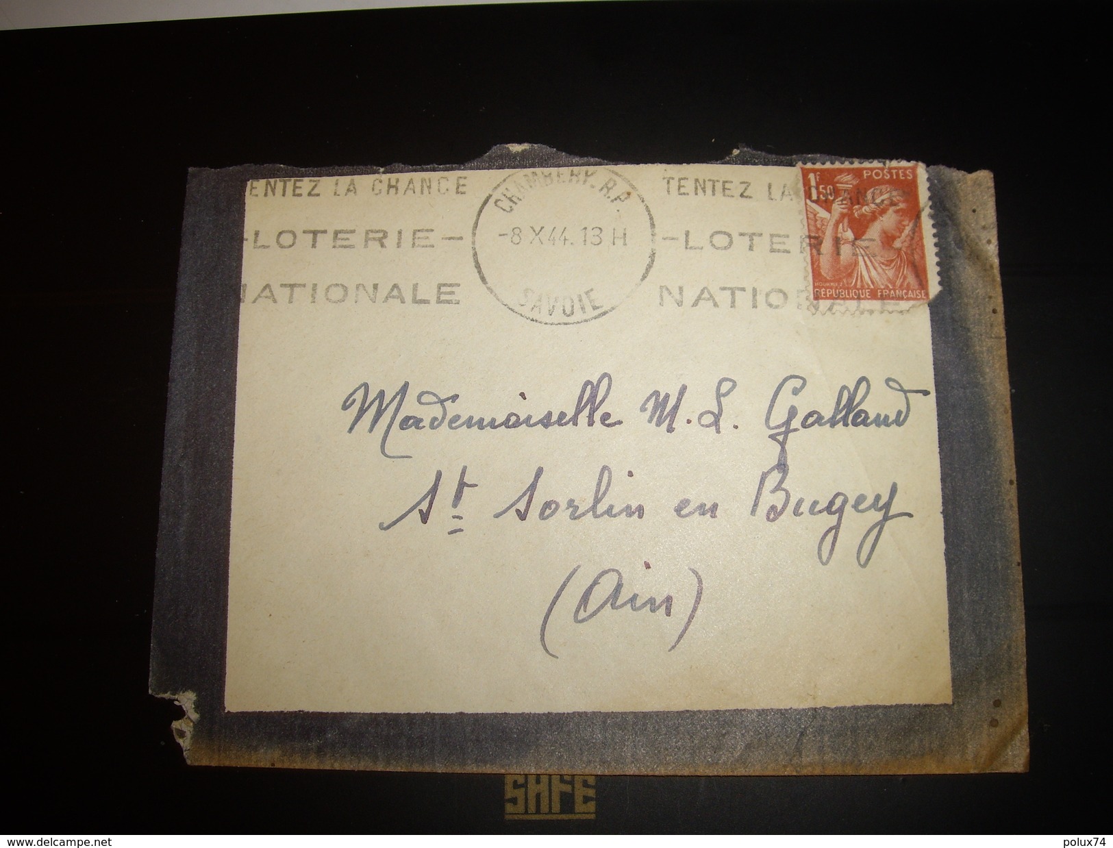 FRANCE  COVER 1944 8/10  SAVOIE  CHAMBERY Pour Saint Sorlin En  Bugey- LOTERIE  NATIONALE - Covers & Documents