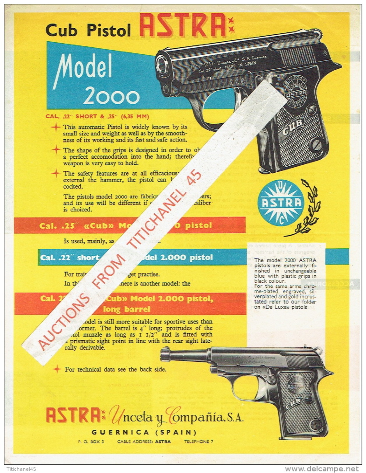 ARMES - Publicité Pistolet ASTRA Modèle 2000 Cal. .22 Short & .25 - Armes Neutralisées