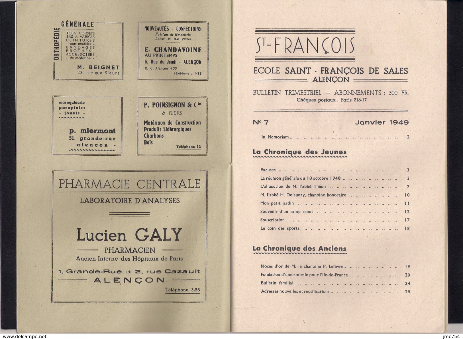 Bulletin Trimestriel De L'Ecole Saint François De Sales D'Alençon (61). Janvier 1949. - Religion & Esotericism