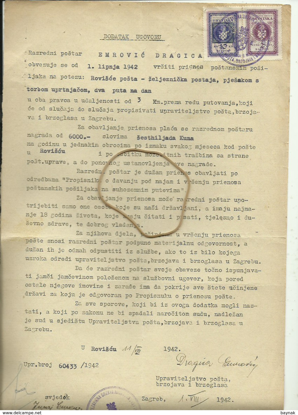 CROATIA, NDH, NEZAVISNA DRZAVA HRVATSKA  --  ROVISCE, ZAGREB -  1942  --  KUPOPRODAJNI UGOVOR  - CONTRACT  --  TAX STAMP - Documents Historiques