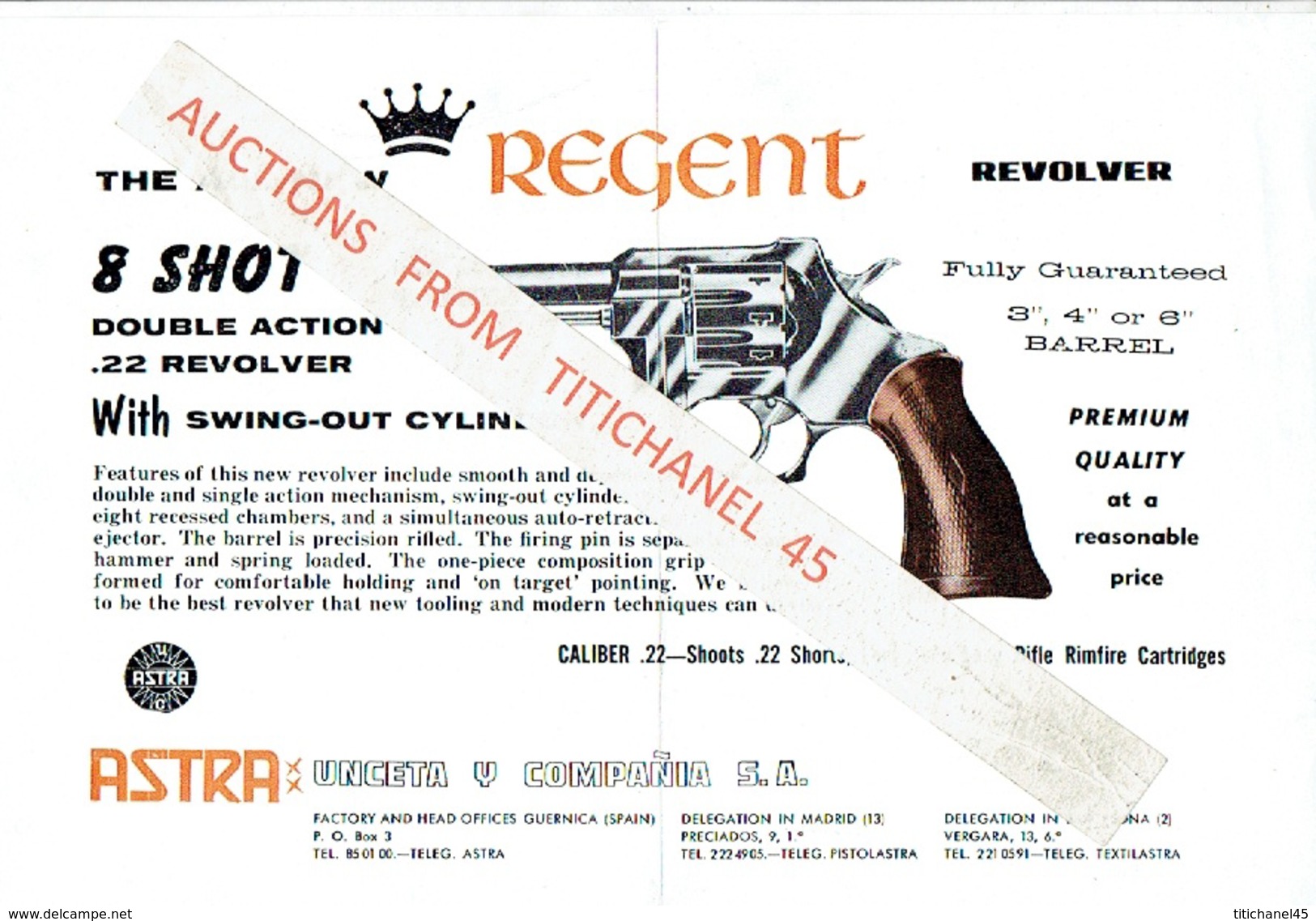 ARMES - Publicité Revolver ASTRA-UNCETA Y COMPANIA, GUERNICA - THE ALL NEW Regent Revolver Caliber .22  8 Shot - Armes Neutralisées