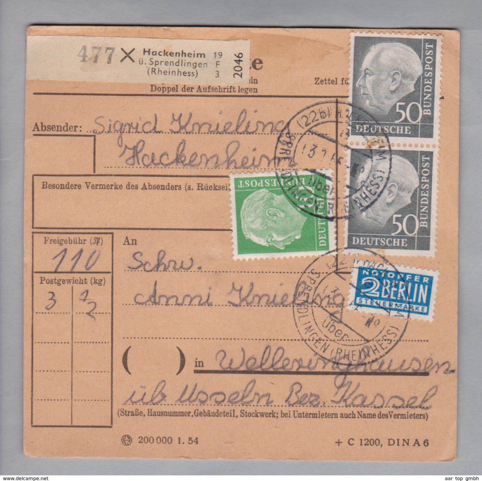 Heimat DE Rh.Pf. Hackenheim 1955-01-13 Paketkarte 3,5 Kg DM 1.10 - Lettres & Documents
