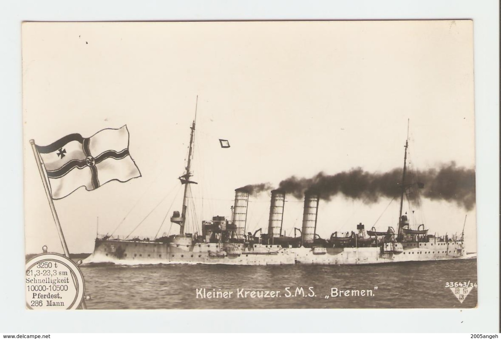 Carte Postale Navire - Kleiner Kreuzer S.M.S.,, Bremen". 33643/34.  B.N.K. Carte Postale Non Voyagé, Dos Séparé, Bon éta - Autres & Non Classés