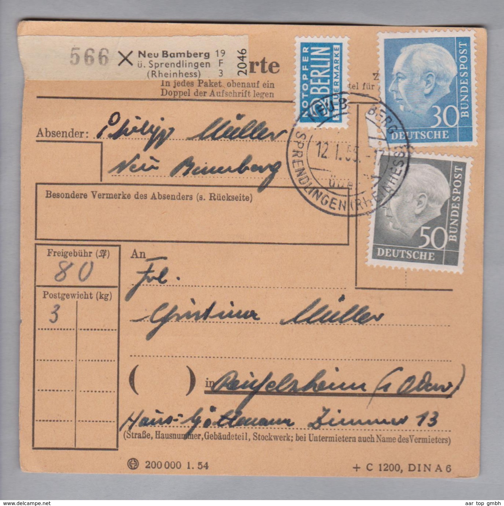 Heimat DE Rh.Pf. Neu-Bamberg 1955-01-12 Paketkarte 3 Kg 80 Pf. Nach Reinfelsheim - Lettres & Documents