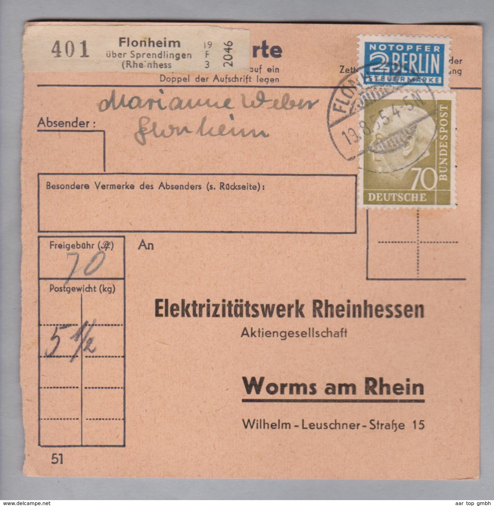 Heimat DE Rh.Pf. Flonheim 1955-08-19 Paketkarte 5,5 Kg 70 Pf. Mi#191 - Lettres & Documents