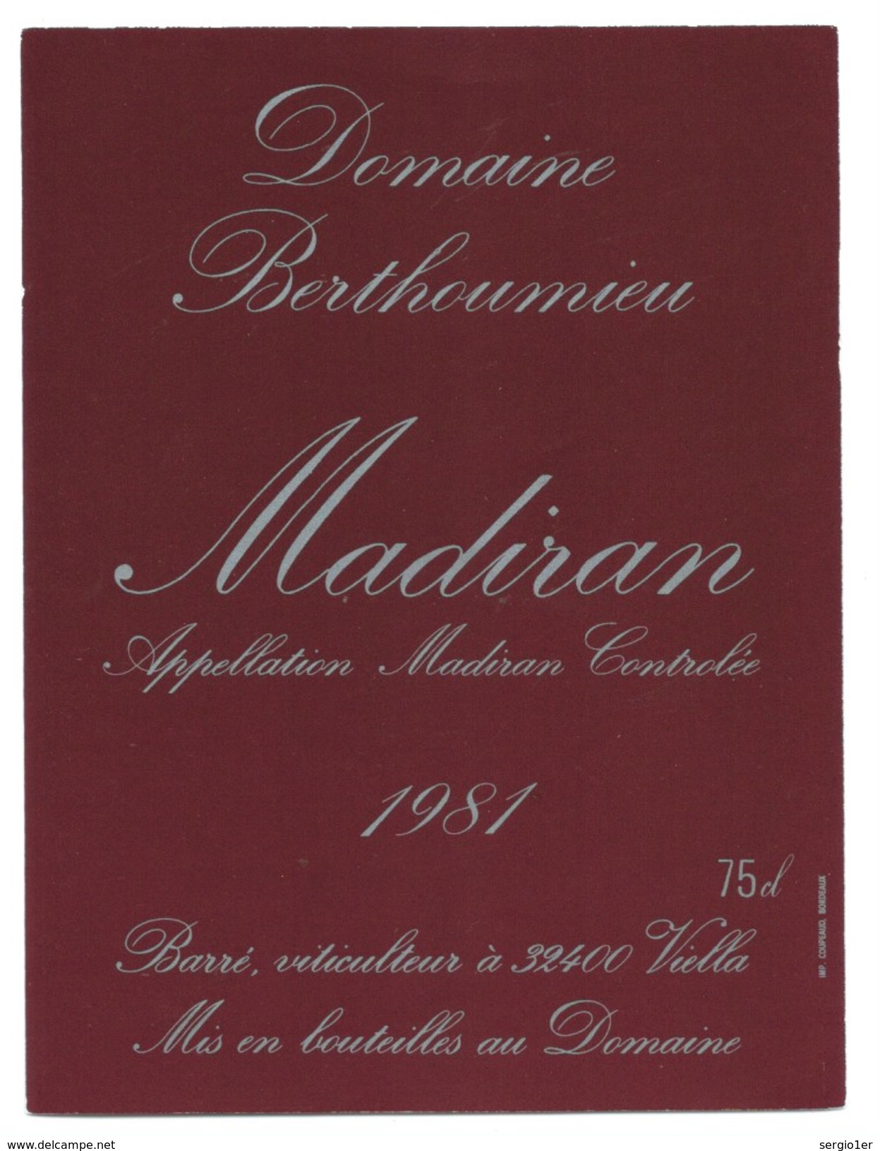 étiquette Vin   Madiran 1981 Domaine De Berthoumieu - Madiran