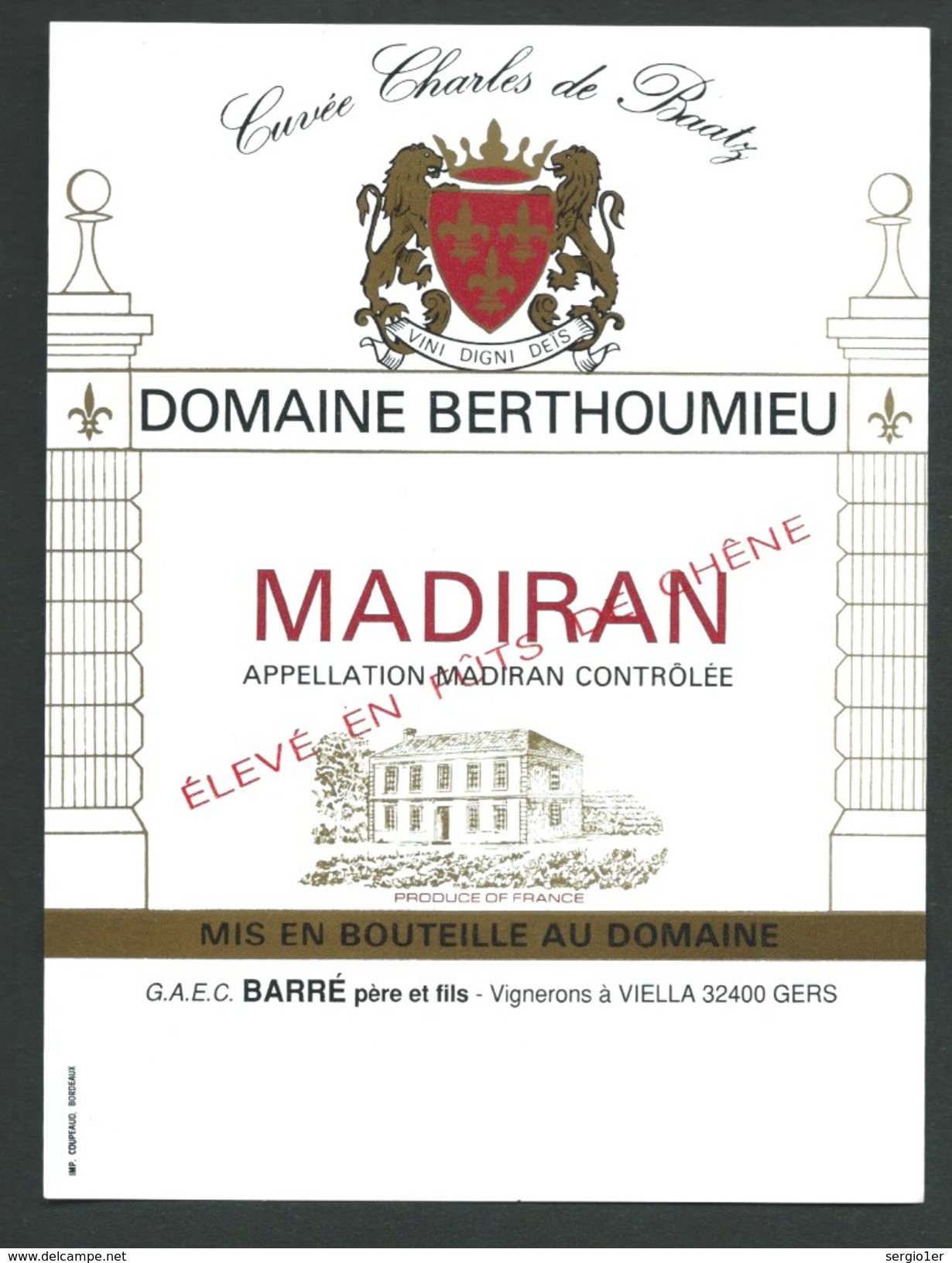 étiquette Vin   Madiran Domaine De Berthoumieu Cuvée Charles De Baatz - Madiran