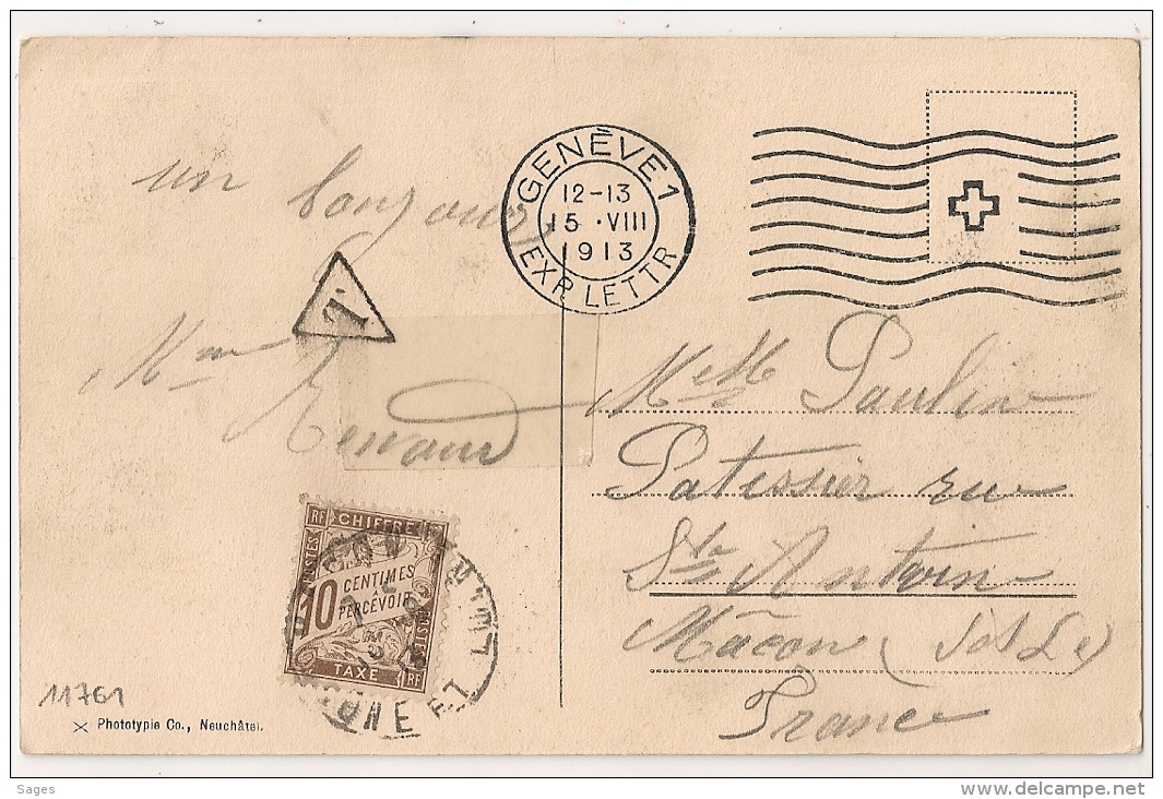 1913. TAXE 10c MACON Saone Et Loire Sur CP GENEVE Suisse. - 1859-1959 Lettres & Documents