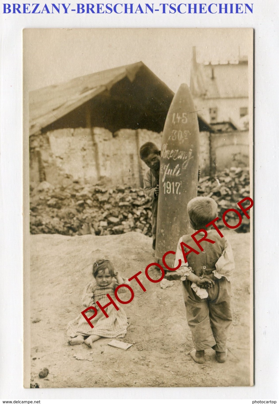 BREZANY-Breschan-OBUS Gros Calibre-ENFANTS-1917-CARTE PHOTO Allemande-Guerre 14-18-1 WK.-Militaria-TSCHECHIEN- - Tchéquie