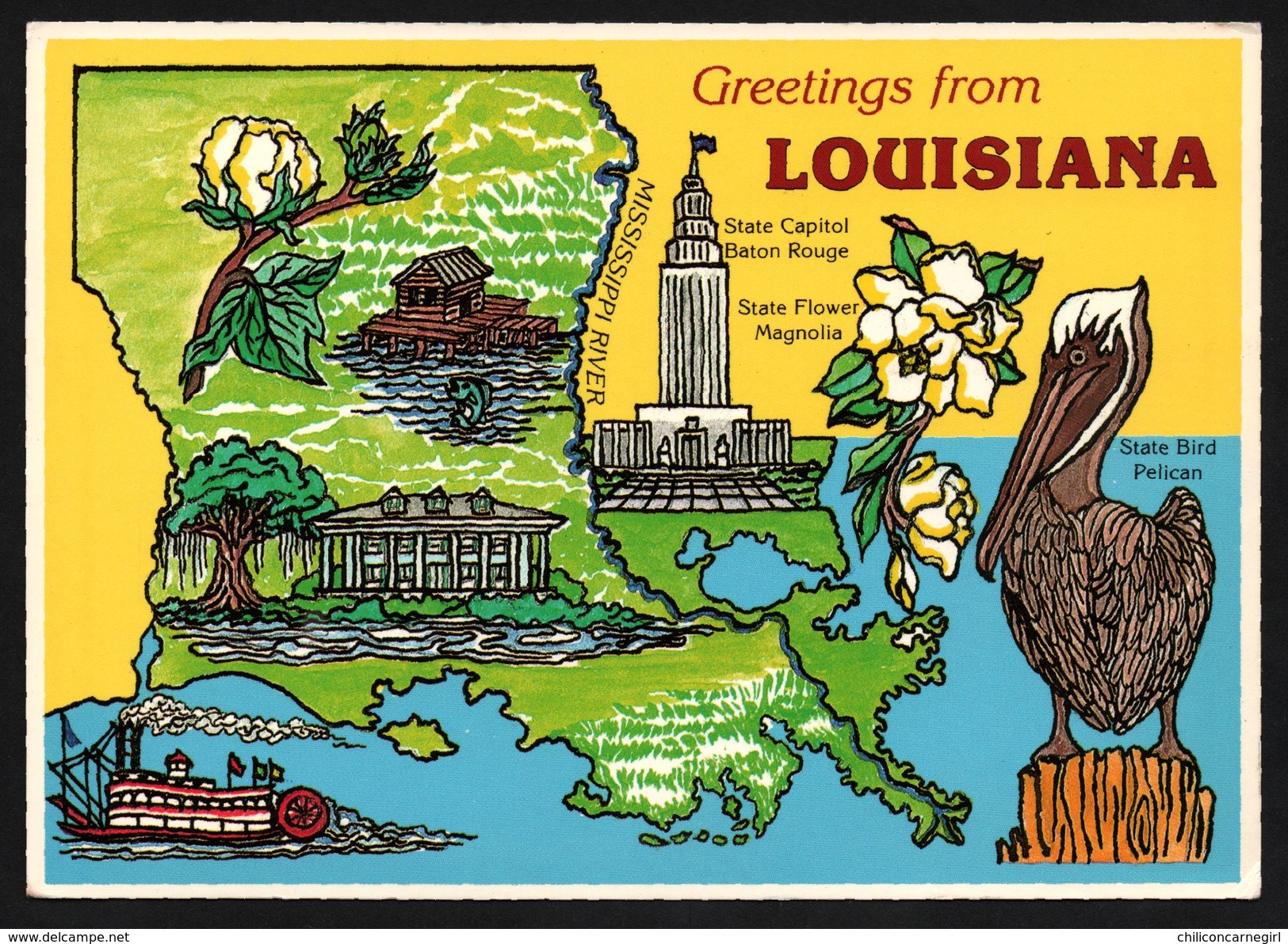 Carte Géographique De Louisiane - Pelican State Bird - State Flower The Magnolia - Mississippi River - Golf Du Mexique - Autres & Non Classés