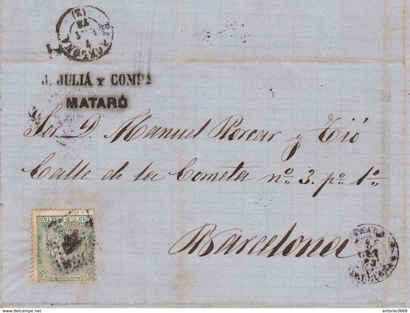 Año 1873 Edifil 133   10c Alegoria  Carta  Matasellos Rombo Mataro - Cartas & Documentos