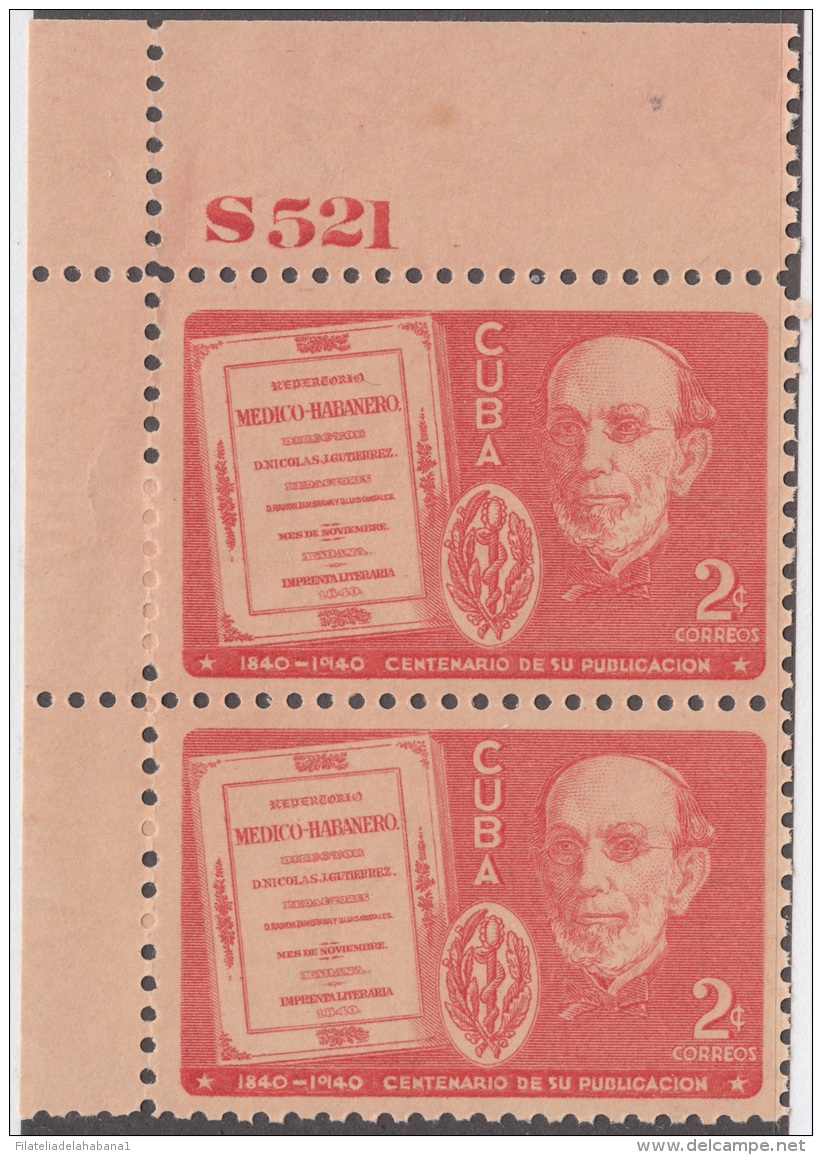 1940-220 CUBA REPUBLICA. 1940 2c Ed.339 REPERTORIO MEDICO GUTIERREZ. PLATE NUMBER. MNH. - Neufs