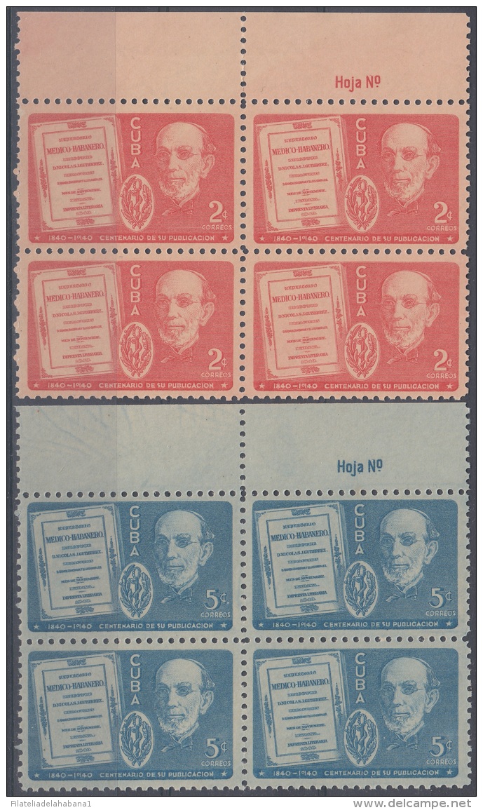 1940-221 CUBA REPUBLICA. 1940 2c Ed.339 REPERTORIO MEDICO GUTIERREZ. PLATE NUMBER. MNH. BLOCK 4. - Neufs