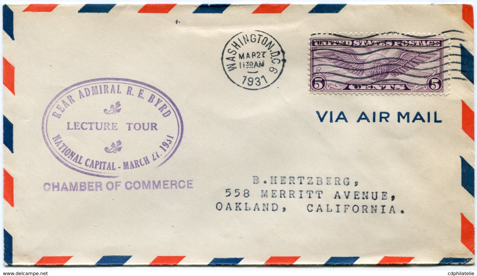 ETATS-UNIS LETTRE PAR AVION AVEC CACHET "REAR ADMIRAL R. E. BYRD LECTURE TOUR NATIONAL CAPITAL-MARCH 27-1931" - Schmuck-FDC