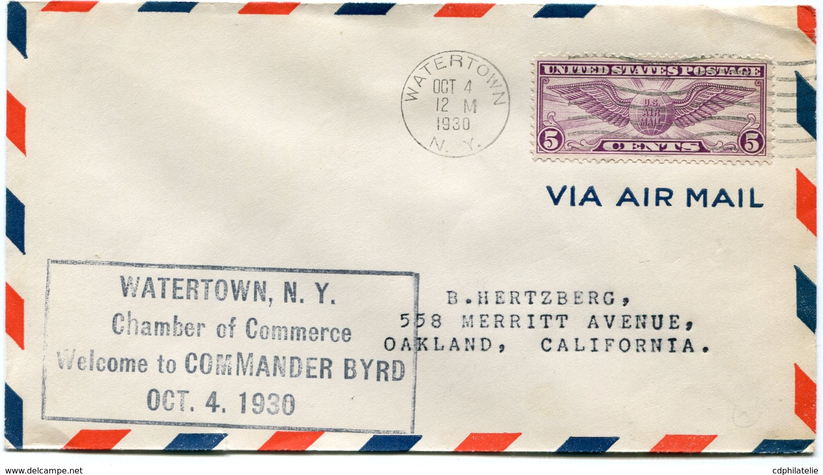 ETATS-UNIS LETTRE PAR AVION AVEC CACHET "WATERTOWN N. Y. CHAMBER OF COMMERCE WELCOME TO COMMANDER BYRD OCT 4  1930" - Schmuck-FDC