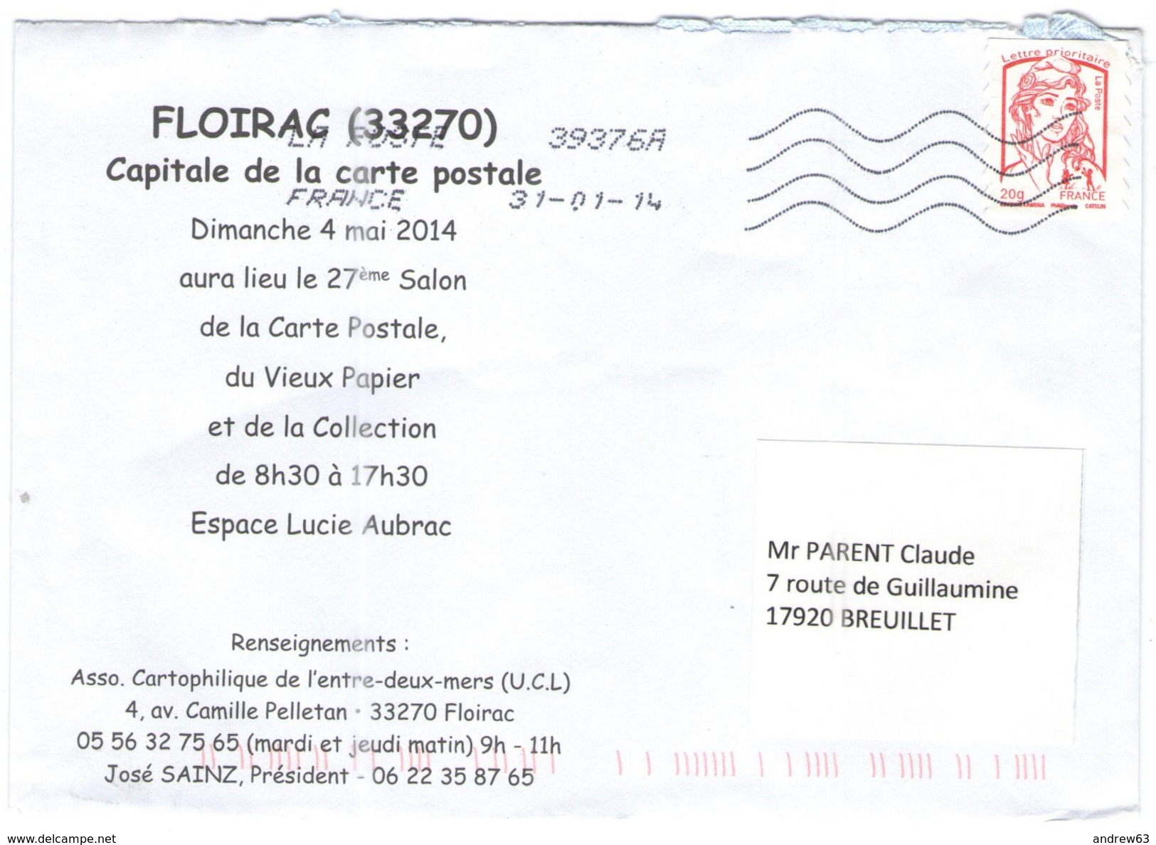 FRANCIA - France - 2014 - Lettre Prioritaire 20g Marianne De Ciappa-Kawena - Viaggiata Da 39376A Per Breuillet, France - 2013-2018 Marianne De Ciappa-Kawena