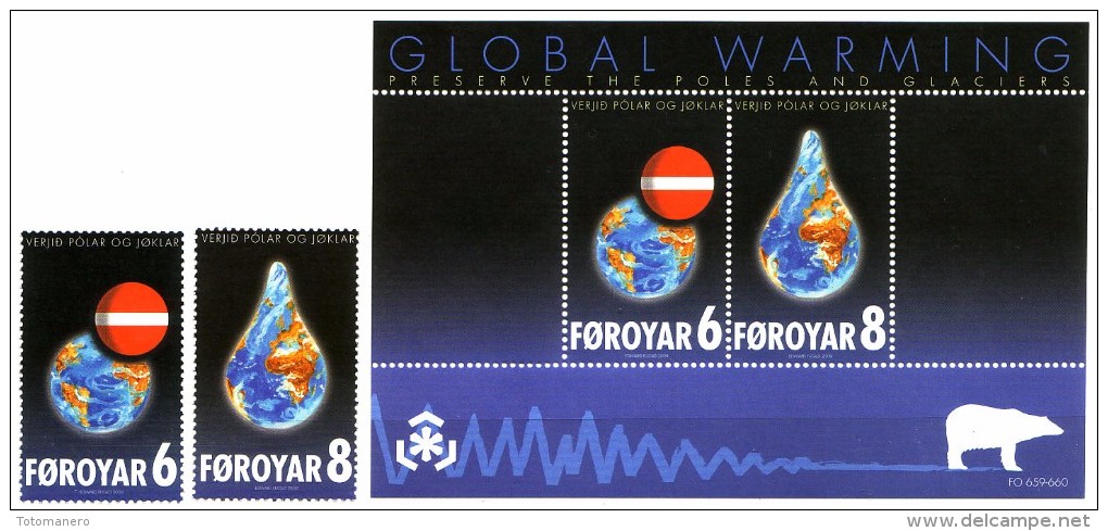 FAROE 2009, IPY - Preserve The Polar Regions And Glaciers Set Of 2v And Block** - Préservation Des Régions Polaires & Glaciers