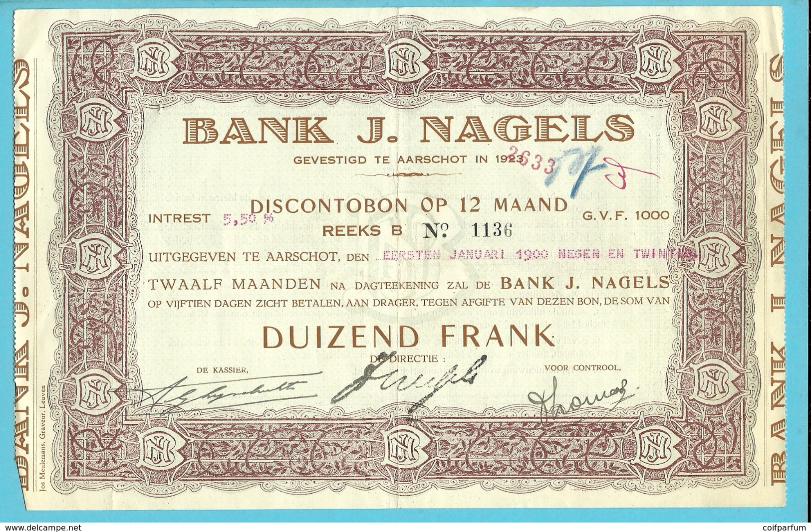 DISCONTOBON DUIZEND FRANK / BANK J. NAGELS / AARSCHOT / 1929  (F318) - Banque & Assurance