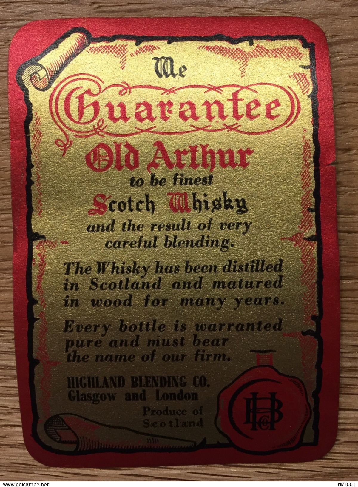 Label, Old Arthur Scotch Whiskey, Highland Blending, Glasgow / London, Scotland - Whisky