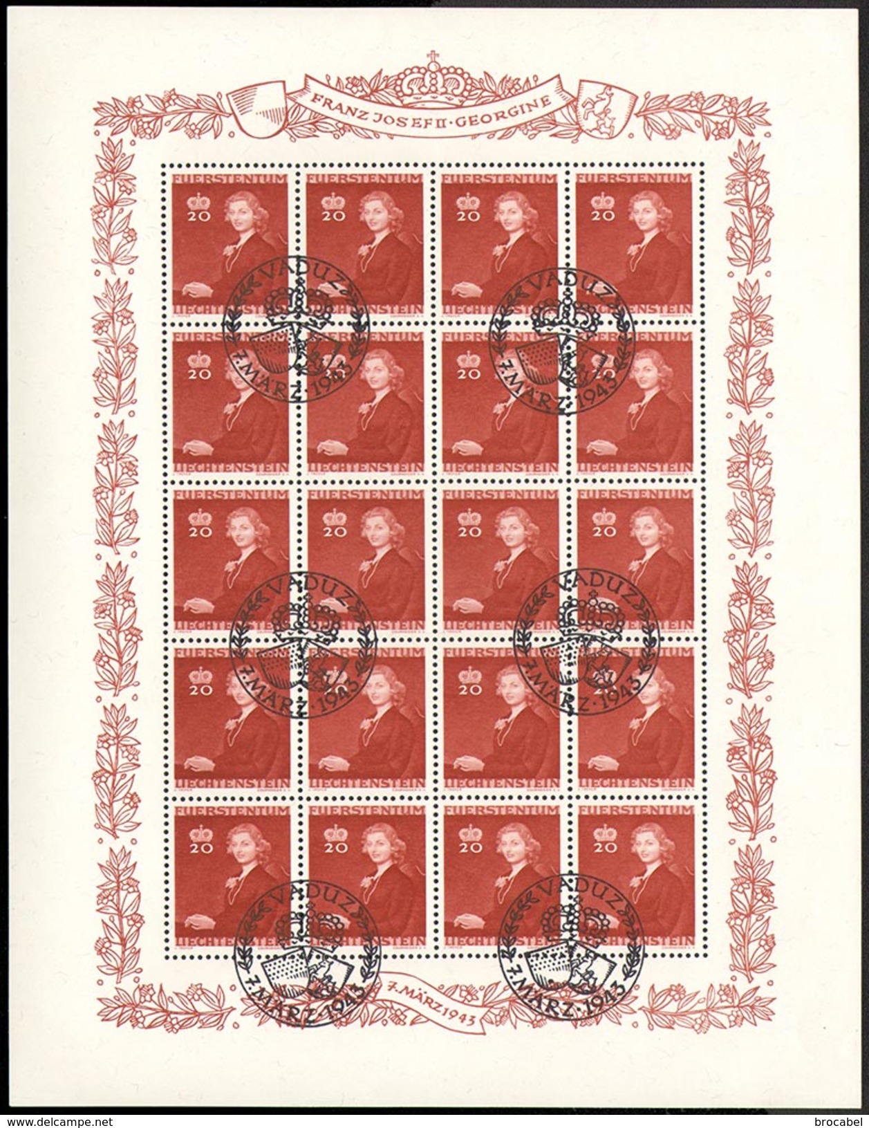 Liechtenstein 0186/88(o) Mariage Du Prince  Mini Sheet De 20 - Oblitération Speciale Du 7 MARZ 1943 -Zumstein 175/77 - - Blocks & Kleinbögen