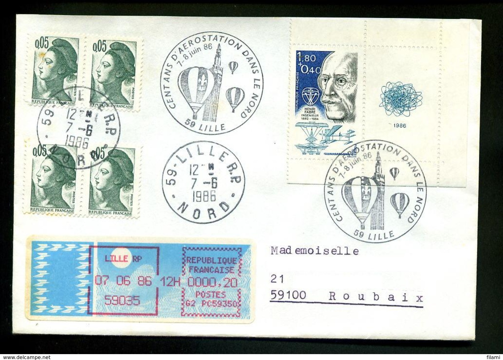 Marcophile,lettre 1986,obl Montgolfière,Liberté Gandon 0.05,Henri Fabre PC 1986+coupon,atome Orbtes,ivignette MOG Lille - Montgolfier