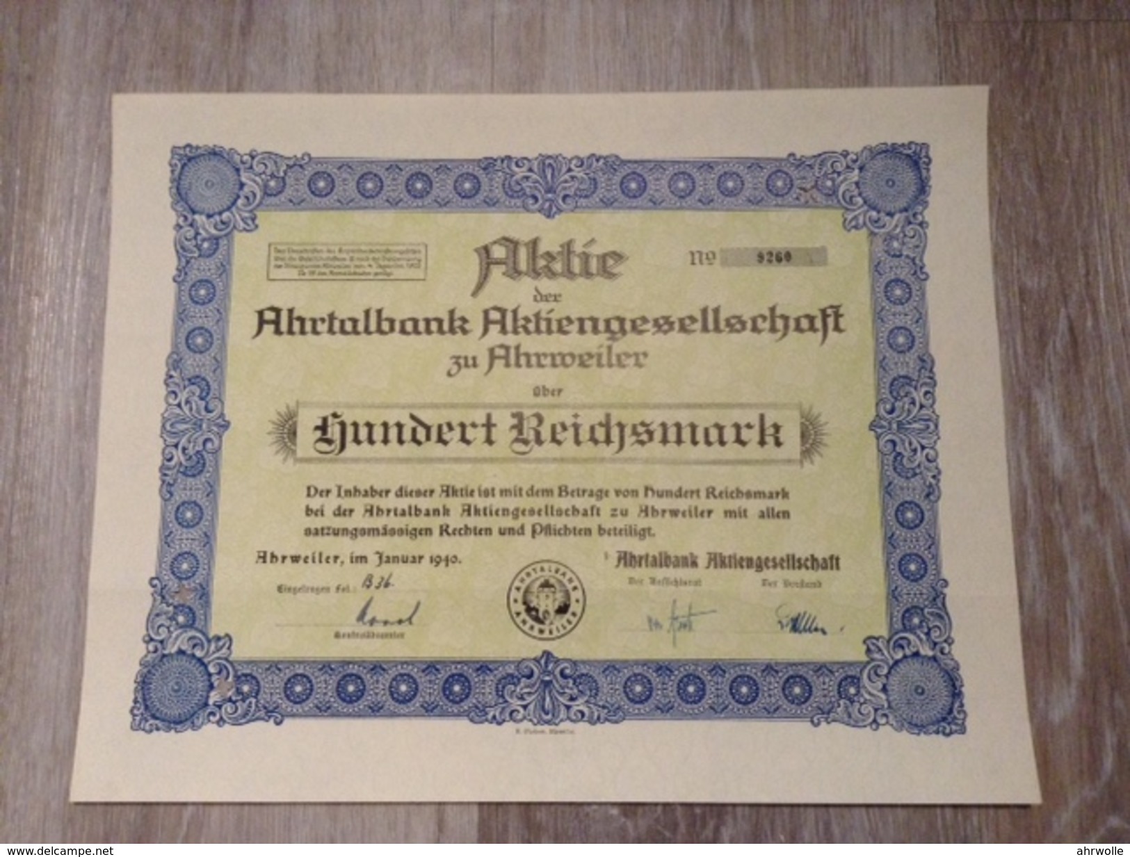 100 Reichsmark Aktie 1940 Ahrtalbank AG Ahrweiler Eifel - Bank & Versicherung