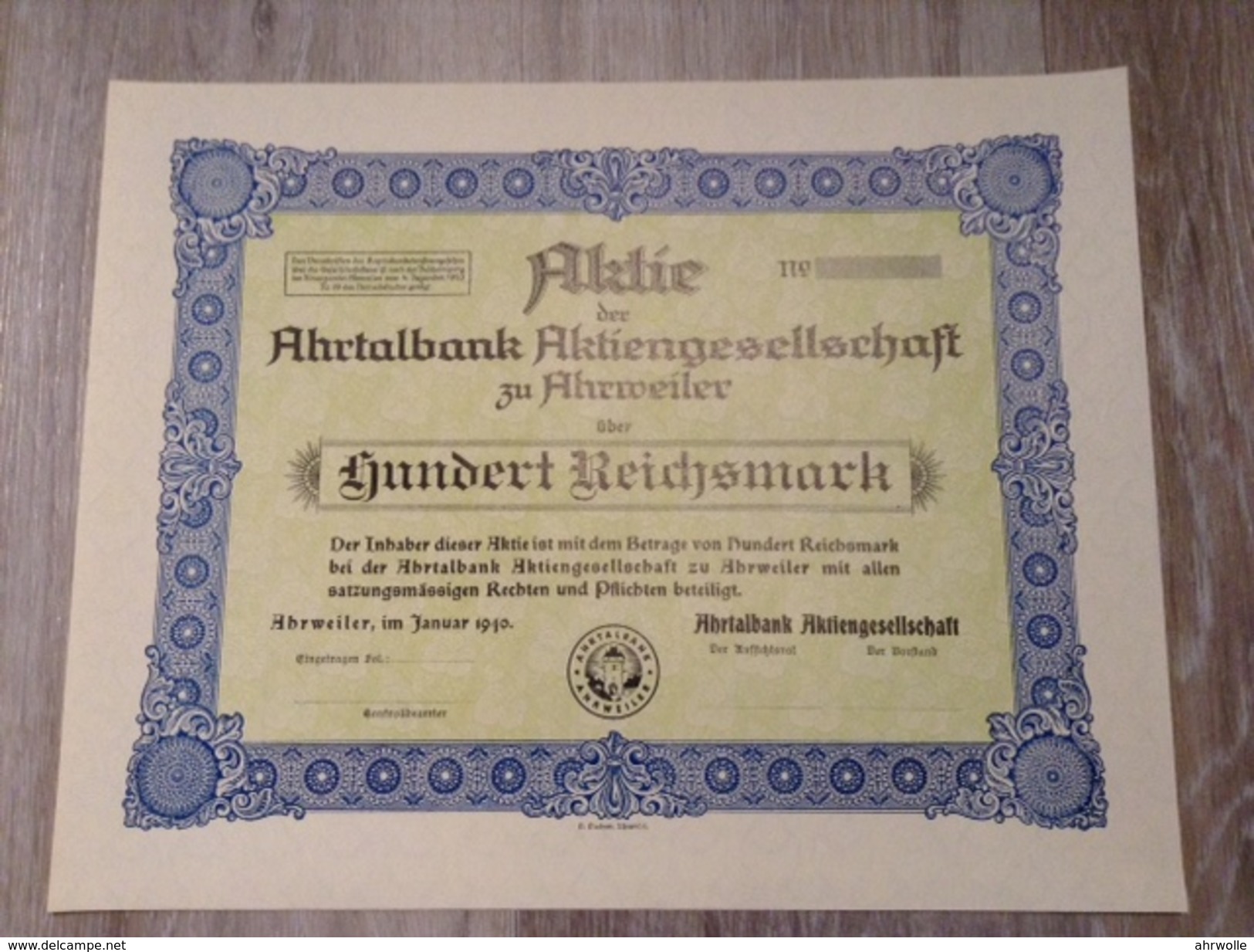 100 Reichsmark Aktie Blankette 1940 Ahrtalbank AG Ahrweiler Eifel - Bank & Versicherung