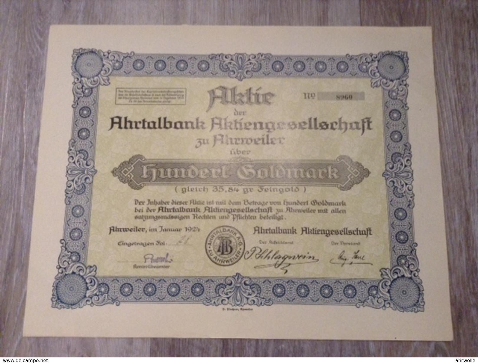 100 Goldmark Aktie 1924 Ahrtalbank AG Ahrweiler Eifel - Banco & Caja De Ahorros