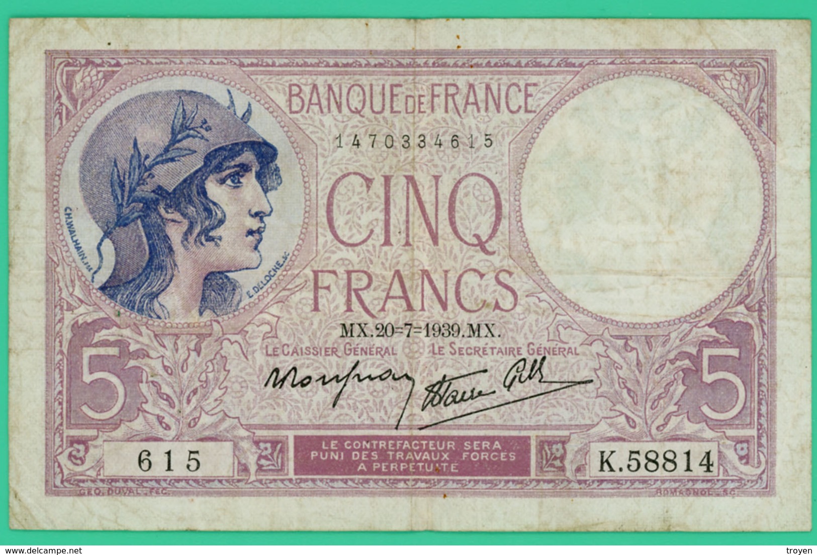 5 Francs - Violet - France - N°. K.58814 - 615 - 20-7-1939MX -  TB+ - - 5 F 1917-1940 ''Violet''