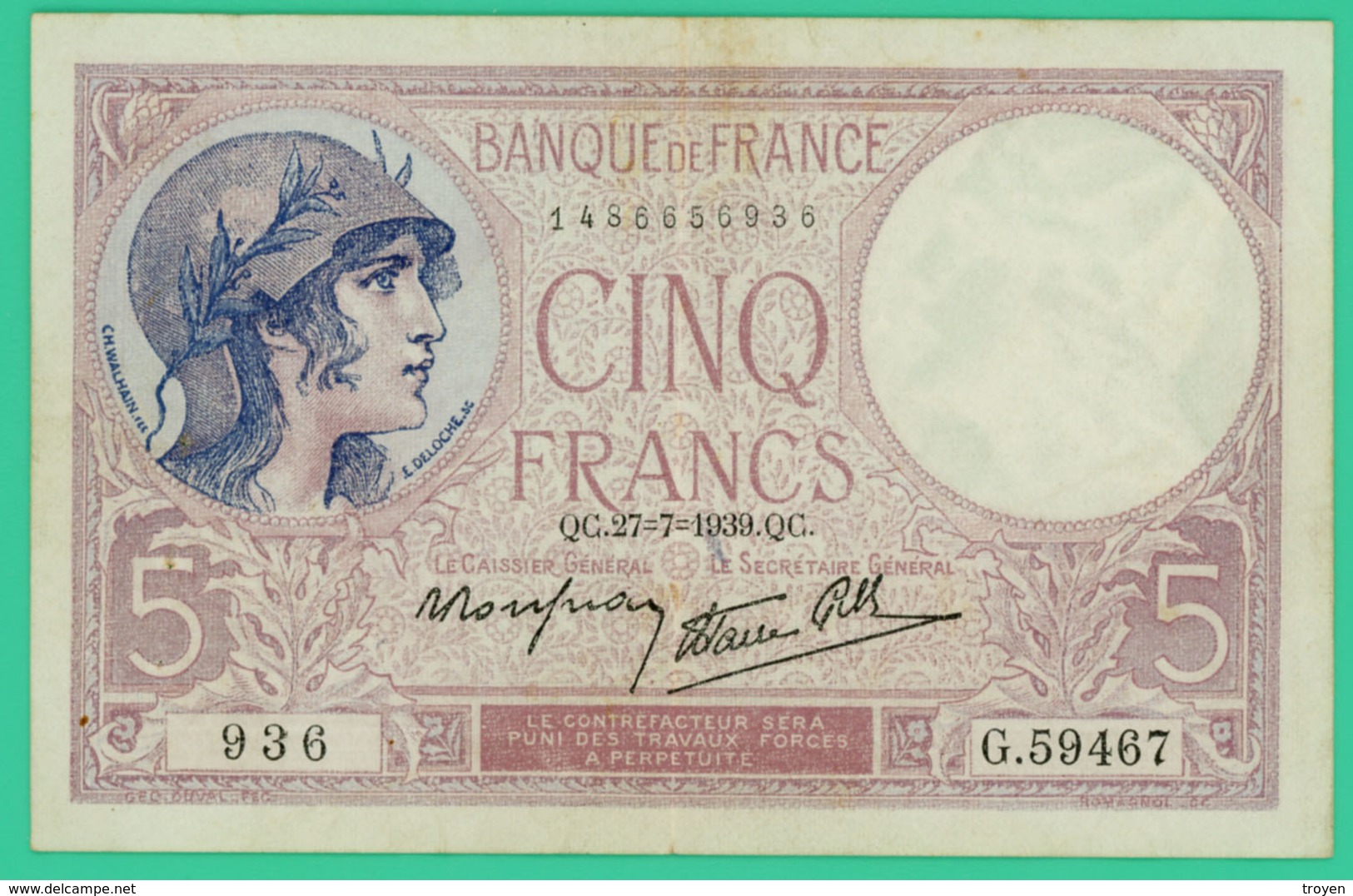 5 Francs - Violet - France - N°. G.59467 936  - 27-7-1939 MX -  TB+ - - 5 F 1917-1940 ''Violet''