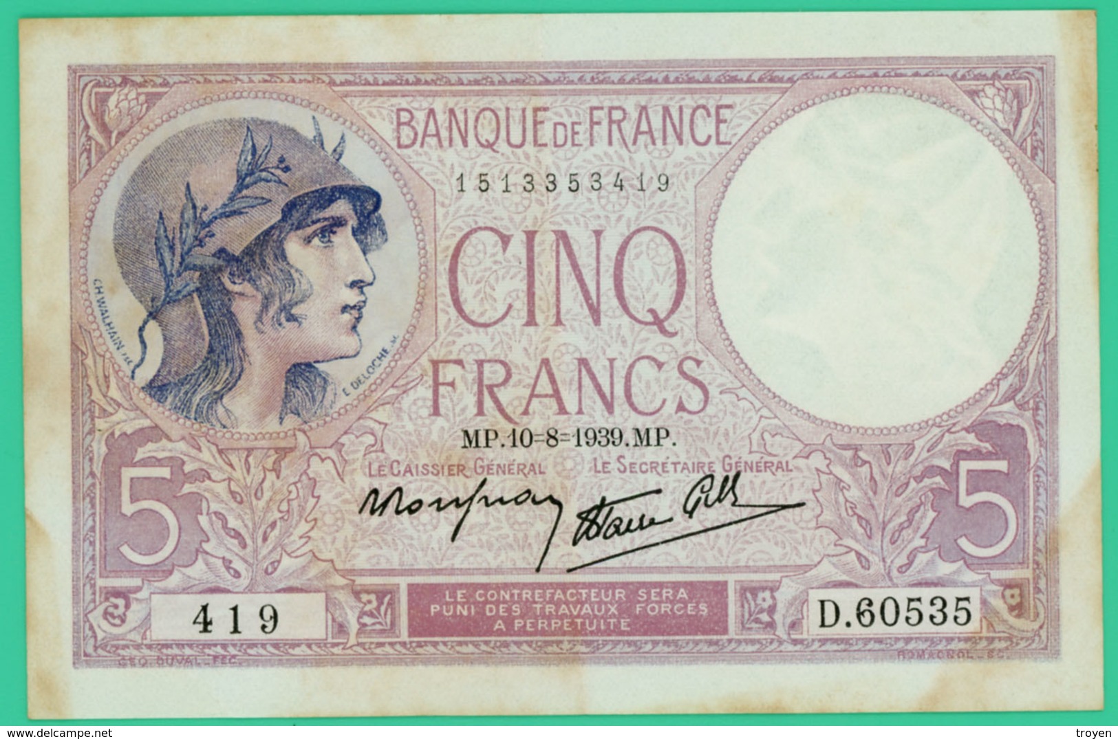 5 Francs - Violet - France - N°. D.60535 419 - 10-8-1939 MP -  TB+ - - 5 F 1917-1940 ''Violet''