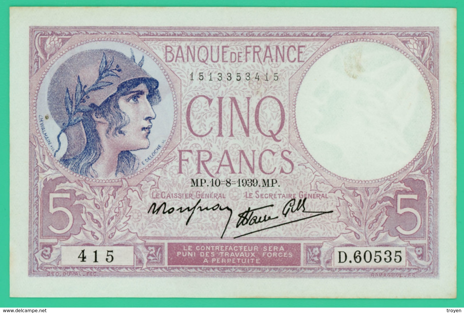 5 Francs - Violet - France - N°. D.60535 415 - 10-8-1939 MP -  Sup  - - 5 F 1917-1940 ''Violet''