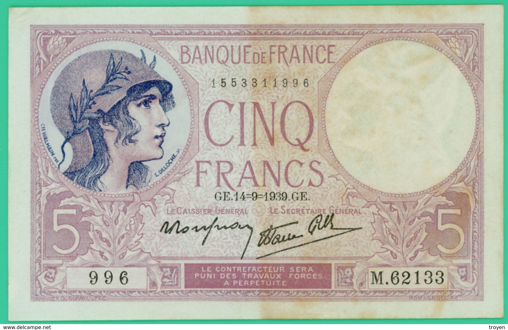 5 Francs - Violet - France - N°. M.62133 996 - 14-9-1939 - TB - - 5 F 1917-1940 ''Violet''