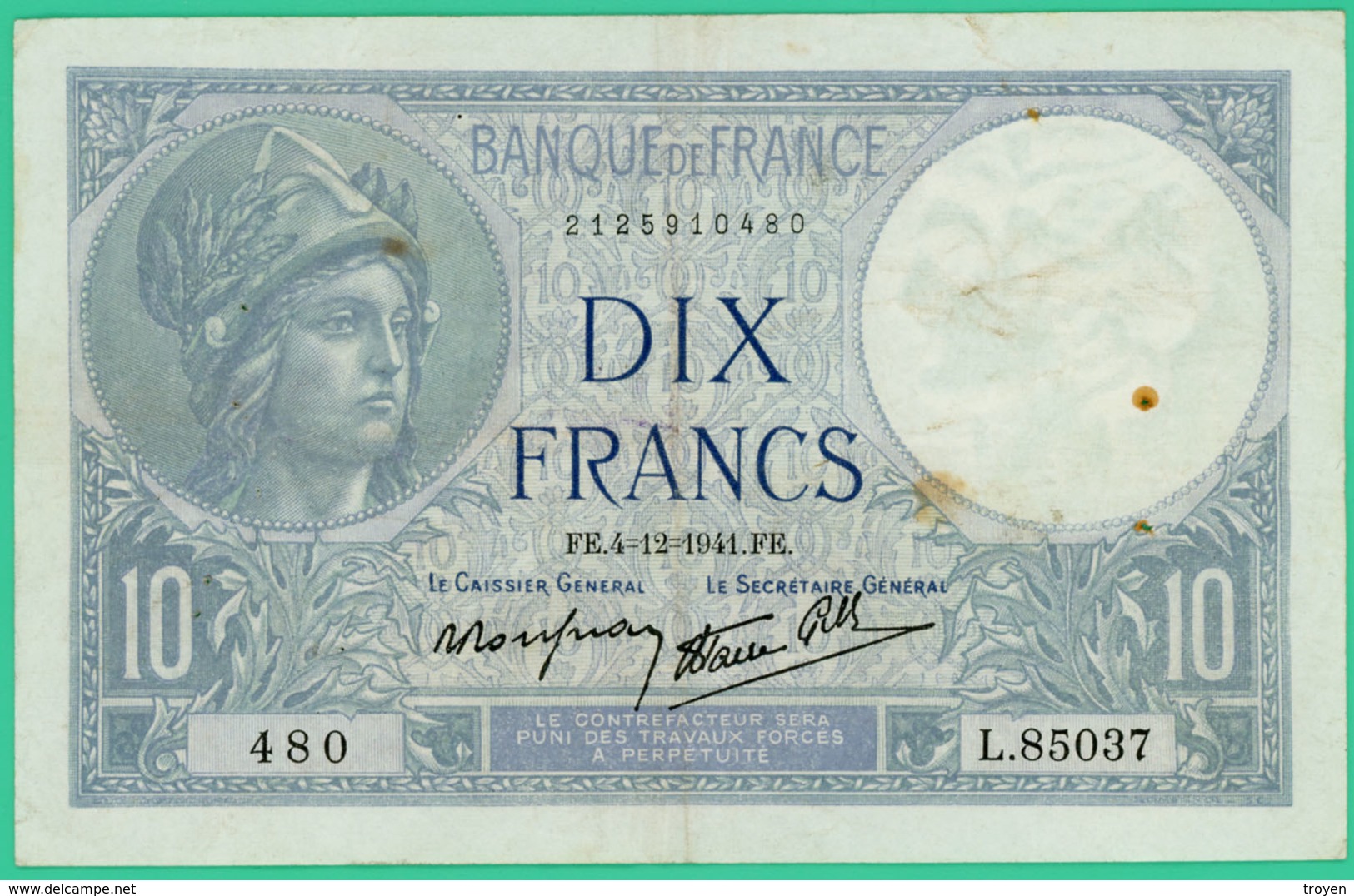 10  Francs - Minerve -  France - N°. L.85037 480 - FR.4=12=1941.FE. - TB+ - - 10 F 1916-1942 ''Minerve''