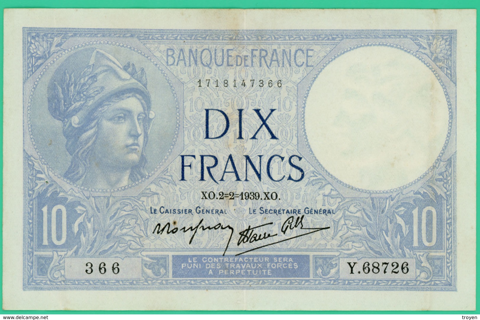 10  Francs - Minerve -  France - N°. Y.68726 366 - XO.2=2=1939.XO. - TTB - - 10 F 1916-1942 ''Minerve''