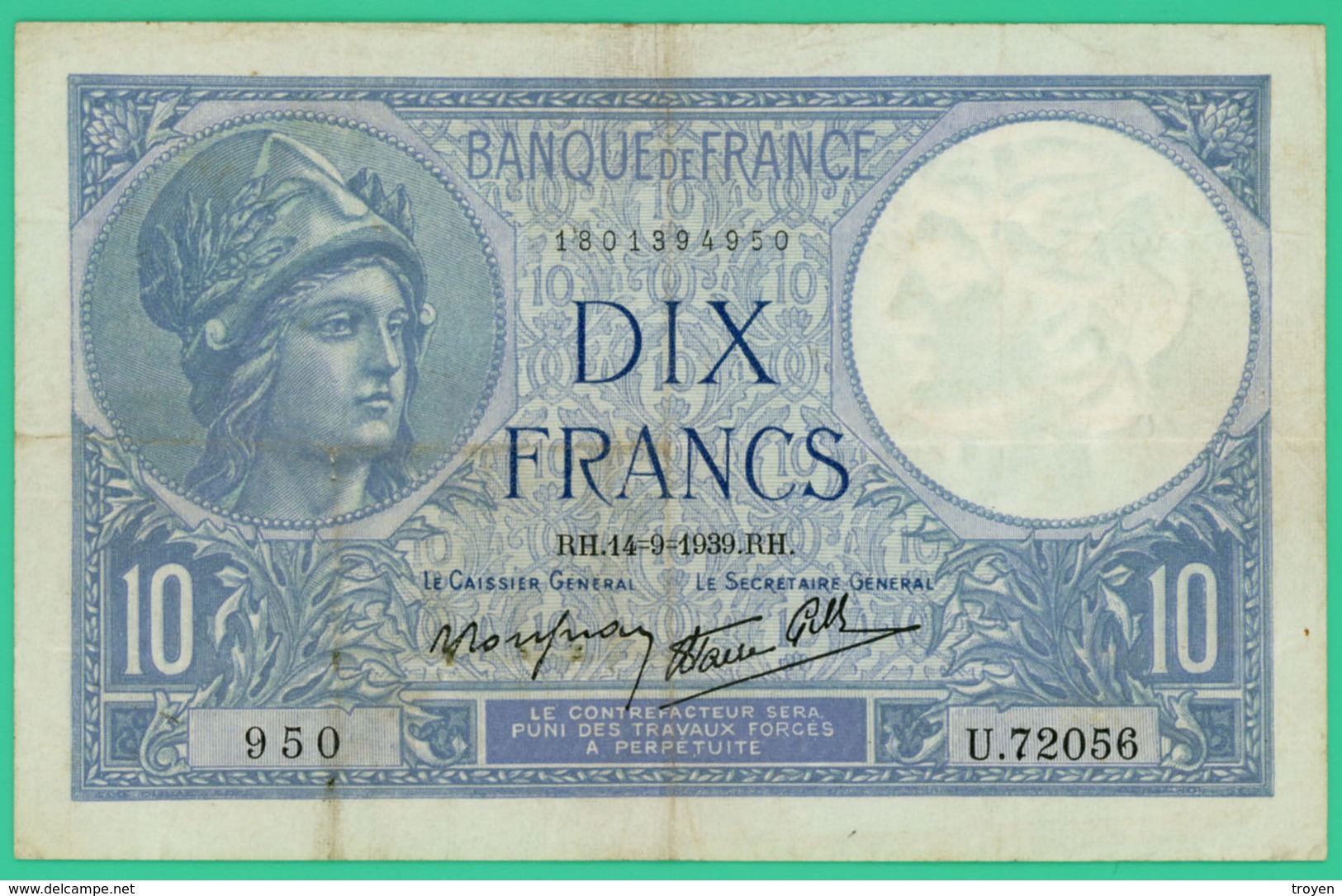 10  Francs - Minerve -  France - N°. U.72056 950 - RH.14=9=1939.RH  - TTB - - 10 F 1916-1942 ''Minerve''