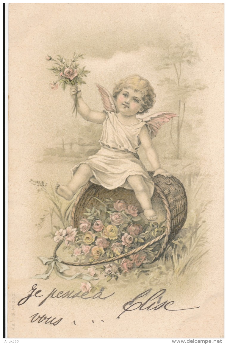 CPA Précurseur Enfant Ange Angelot Chérubin Assis Sur Un Panier De Fleurs Renversé 1903 - Szenen & Landschaften