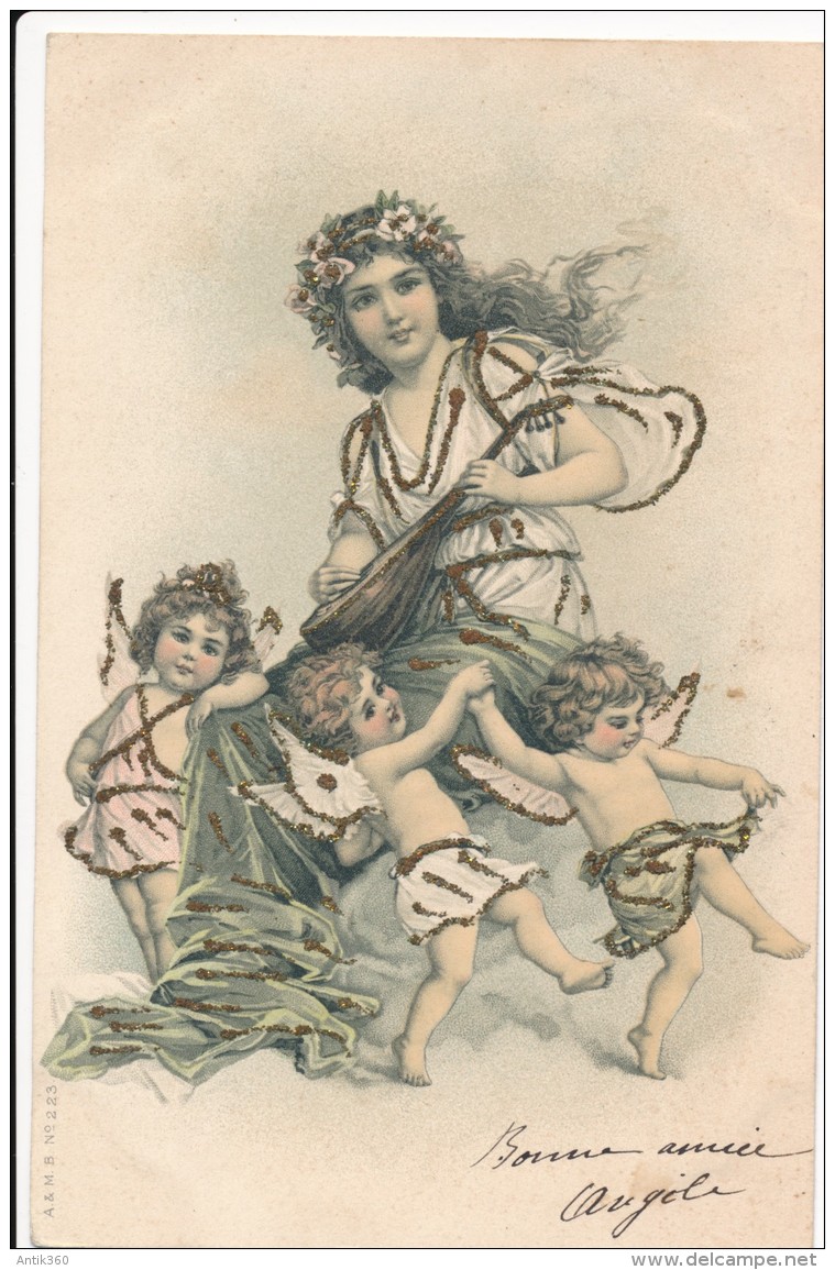 CPA Précurseur Enfants Anges Angelots Chérubins Et Jeune Fille Musicienne Et Sa Mandoline Art Nouveau 1904 - Scenes & Landscapes