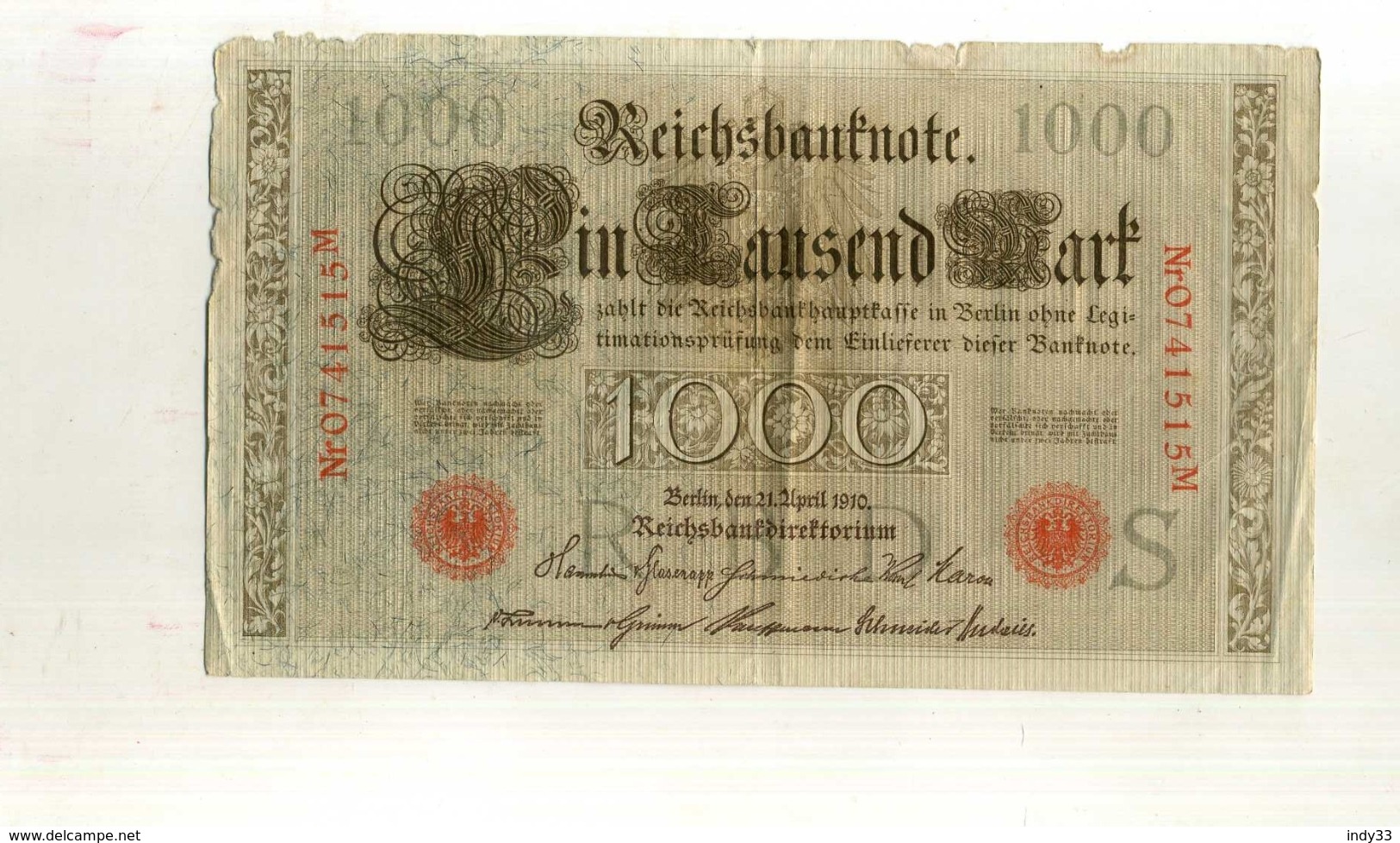 - ALLEMAGNE . BILLET DE  1000 M. 1910 . - 1.000 Mark