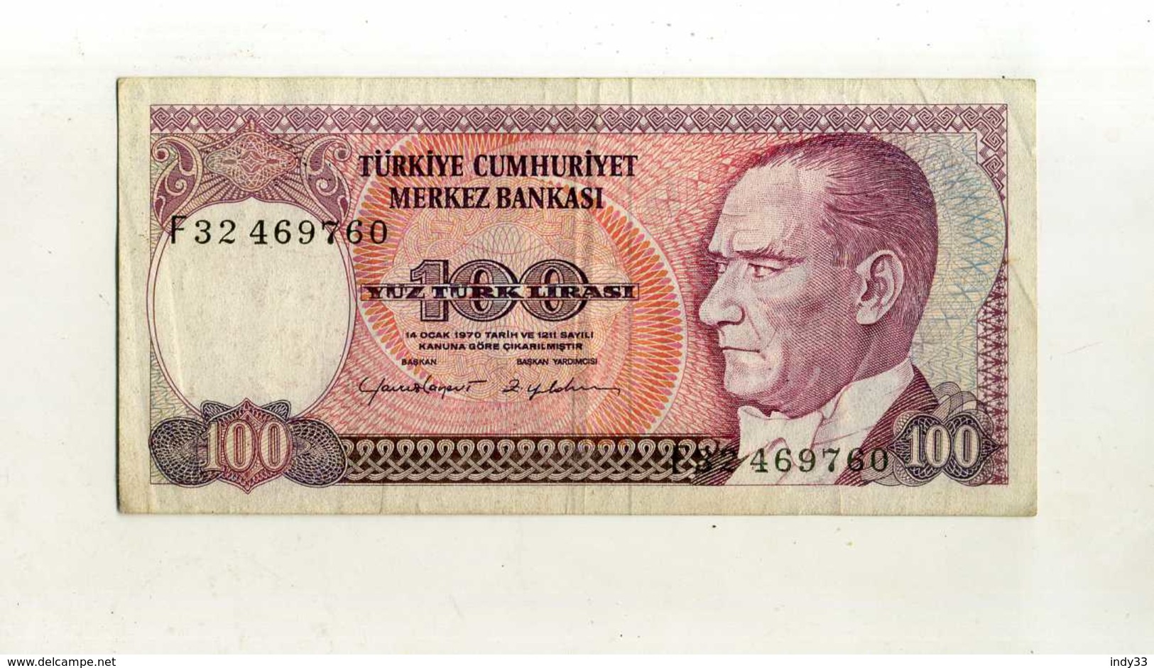 - TURQUIE . BILLET  100 L. 1970 . - Turchia