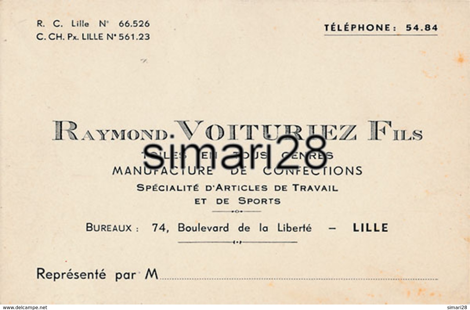 RAYMOND VOITURIEZ FILS - TOILES EN TOUS GENRES - MANUFACTURE DE CONFECTIONS - 74 BOULEVARD DE LA LIBERTE LILLE - Visitekaartjes