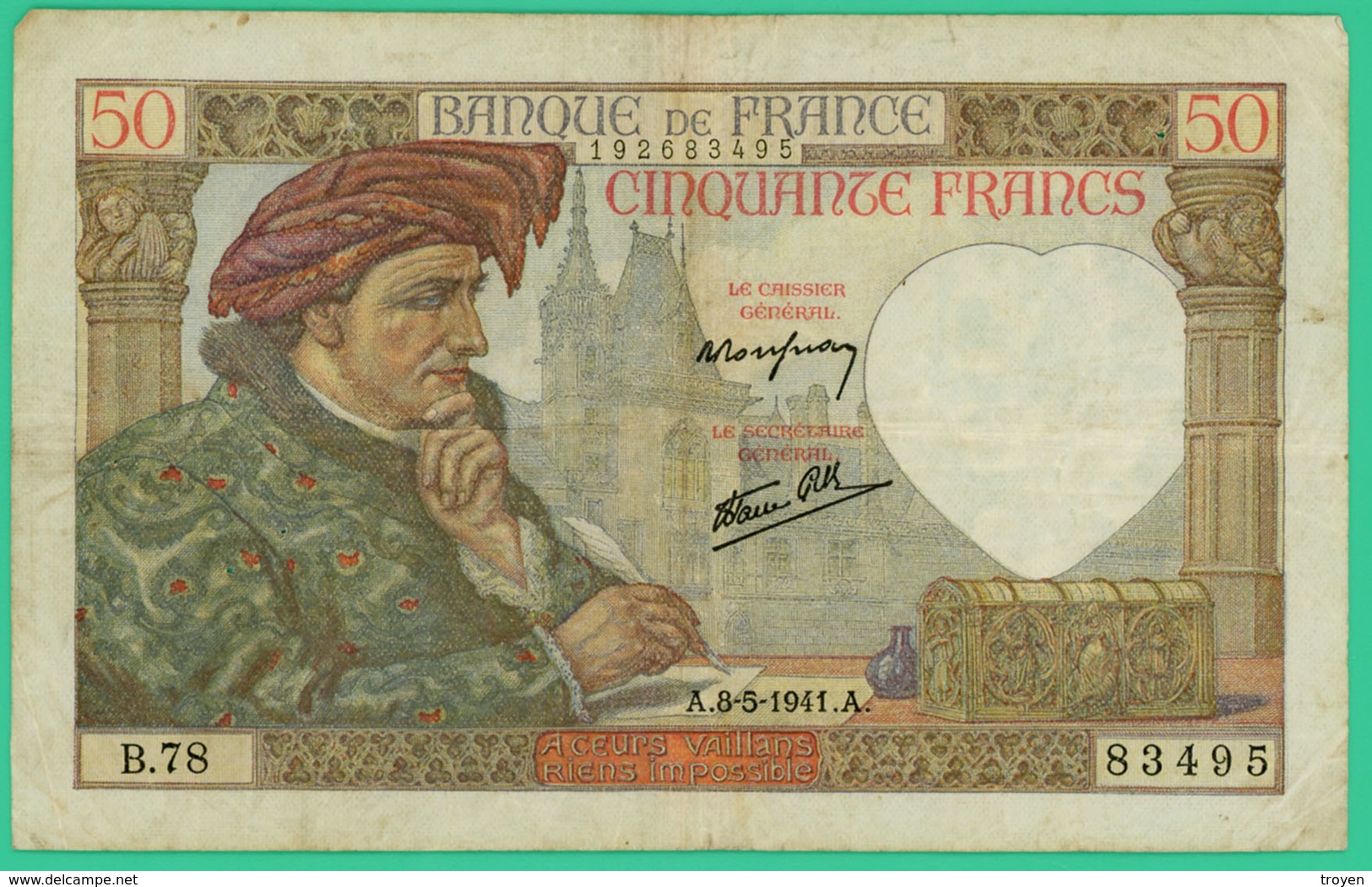 50  Francs - Jacques Coeur  -  France - N°B.78 83495 - A.8-5-1941.A.. - TB+ - - 50 F 1940-1942 ''Jacques Coeur''