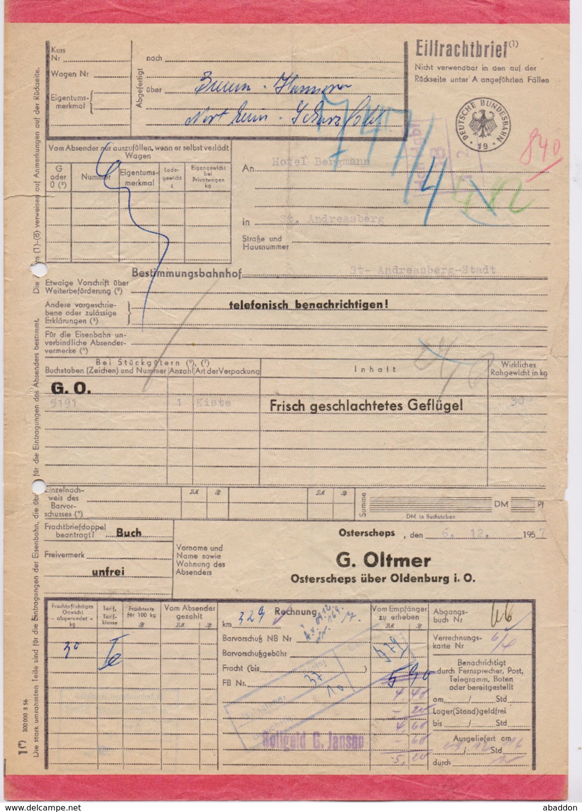Eilfrachtbrief 1957 G. Oltmer, OSTERSCHEPS über OLDENBURG I.O. > Hotel Bergmann, ST. ANDREASBERG Frachtbrief (108) - Eisenbahnverkehr