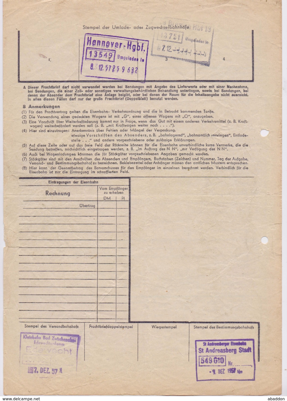 Eilfrachtbrief 1957 G. Oltmer, OSTERSCHEPS über OLDENBURG I.O. > Hotel Bergmann, ST. ANDREASBERG Frachtbrief (108) - Eisenbahnverkehr