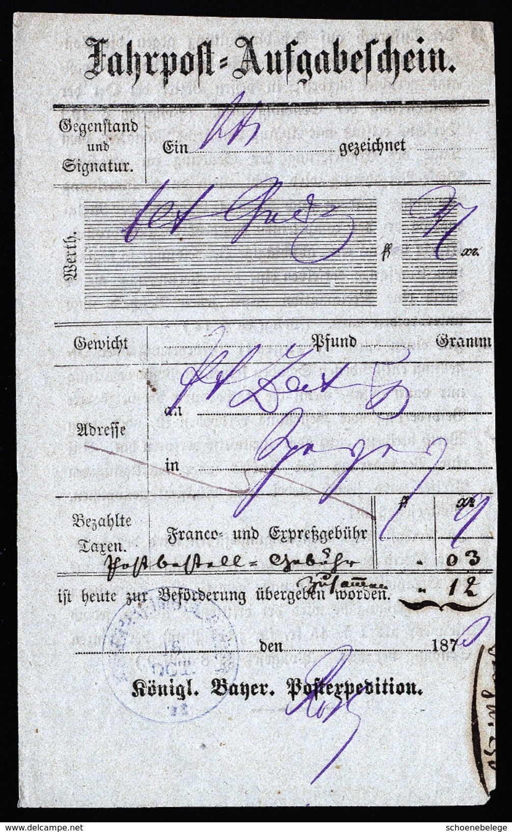 A4462) AD Bayern Fahrpost-Schein Von 1870 - Sonstige & Ohne Zuordnung