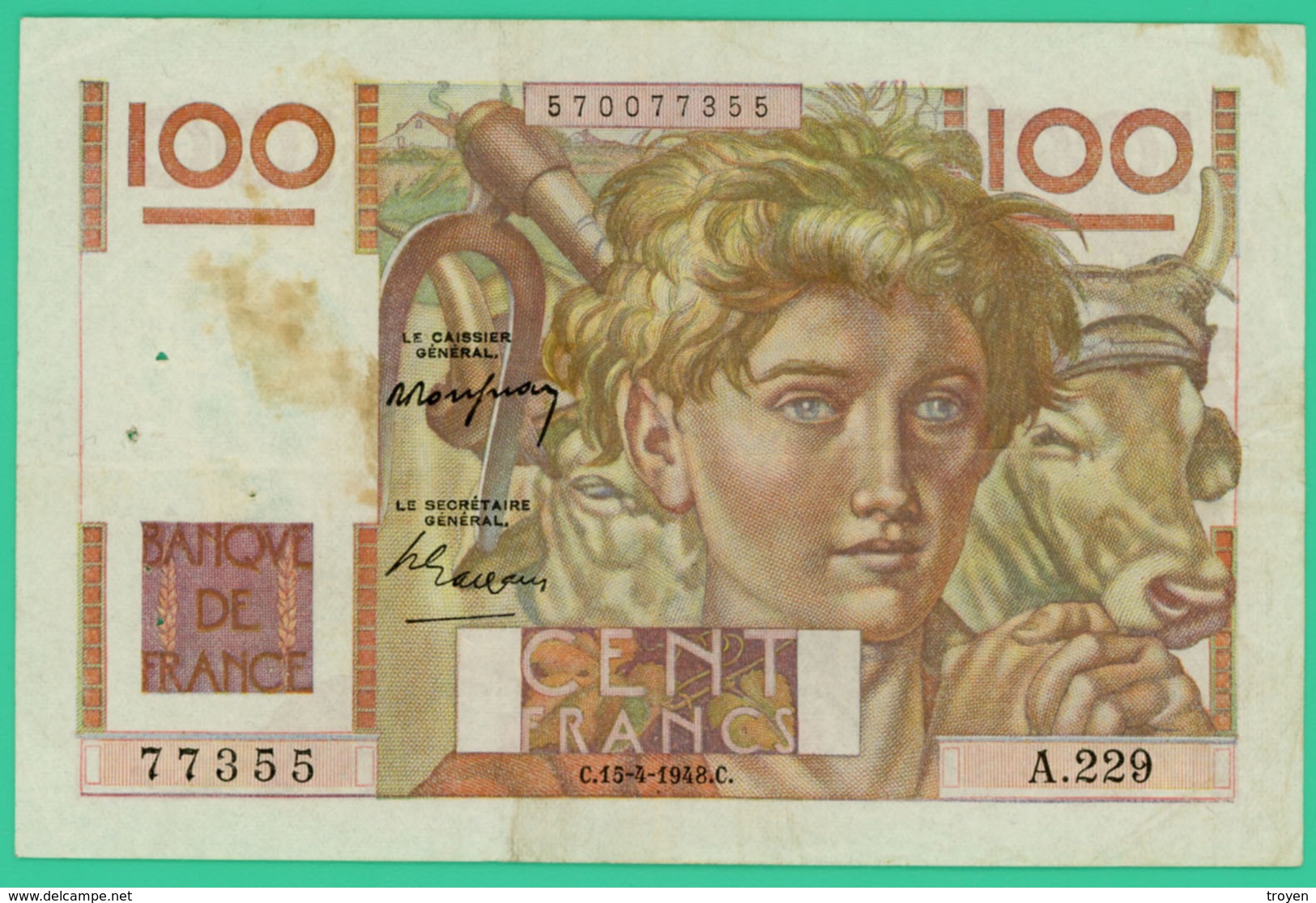 100  Francs - Jeune Paysan  -  France - N°A.229 77355 - C.15=4=1948.C.   -  TB+- - 100 F 1945-1954 ''Jeune Paysan''