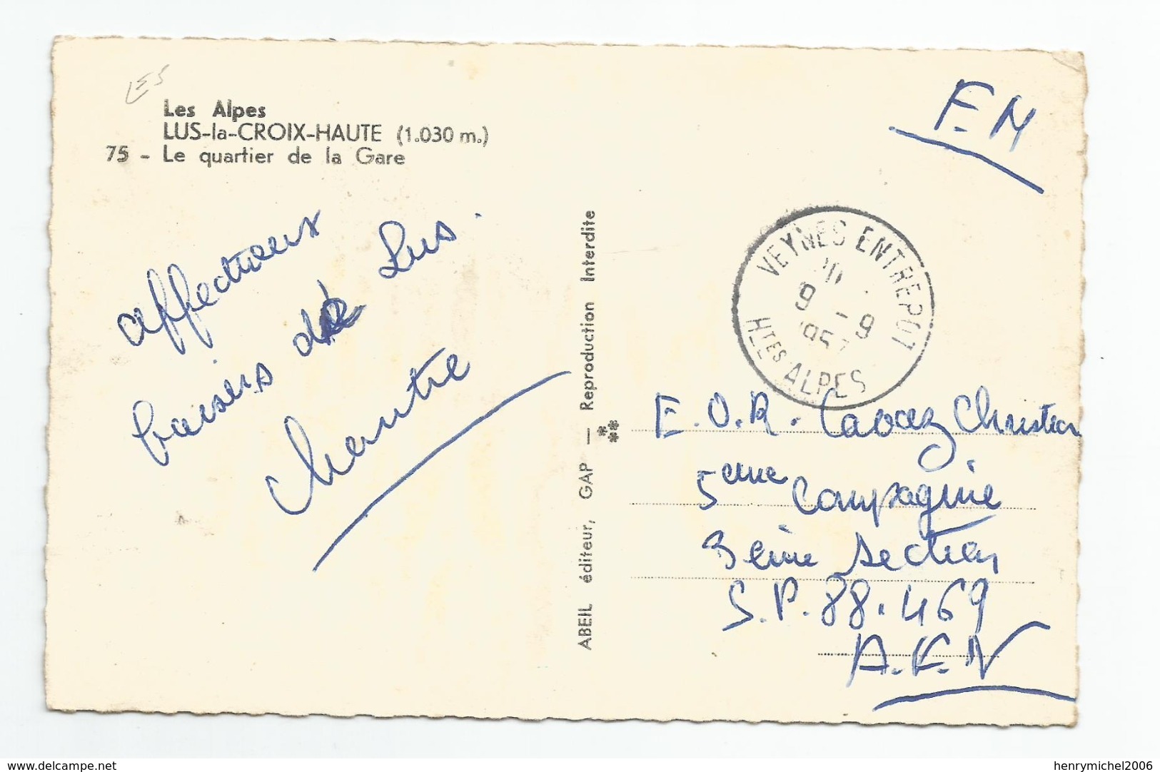 Marcophilie - Cachet Veynes Entrepot 1957 En Franchise Fm Pour Eor  Algérie - Lettres Civiles En Franchise