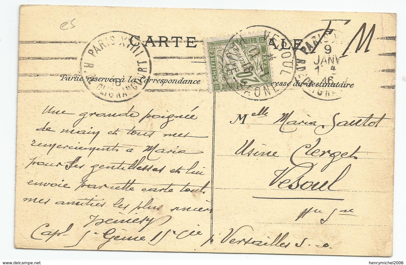 Marcophilie  Taxe 20 C Sur Carte 1916 En Fm Franchise Militaire Paris A Vesoul - 1859-1959 Briefe & Dokumente